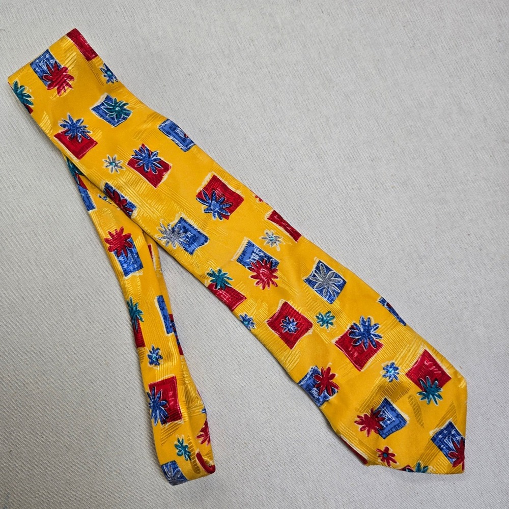 VTG Bullock & Jones Floral Tie‎ Yellow Red 100% Silk Geometric 90s San Francisco